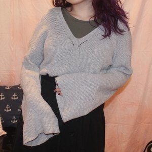 Pale Grey Bell Flare Sleeve V-neck Sweater